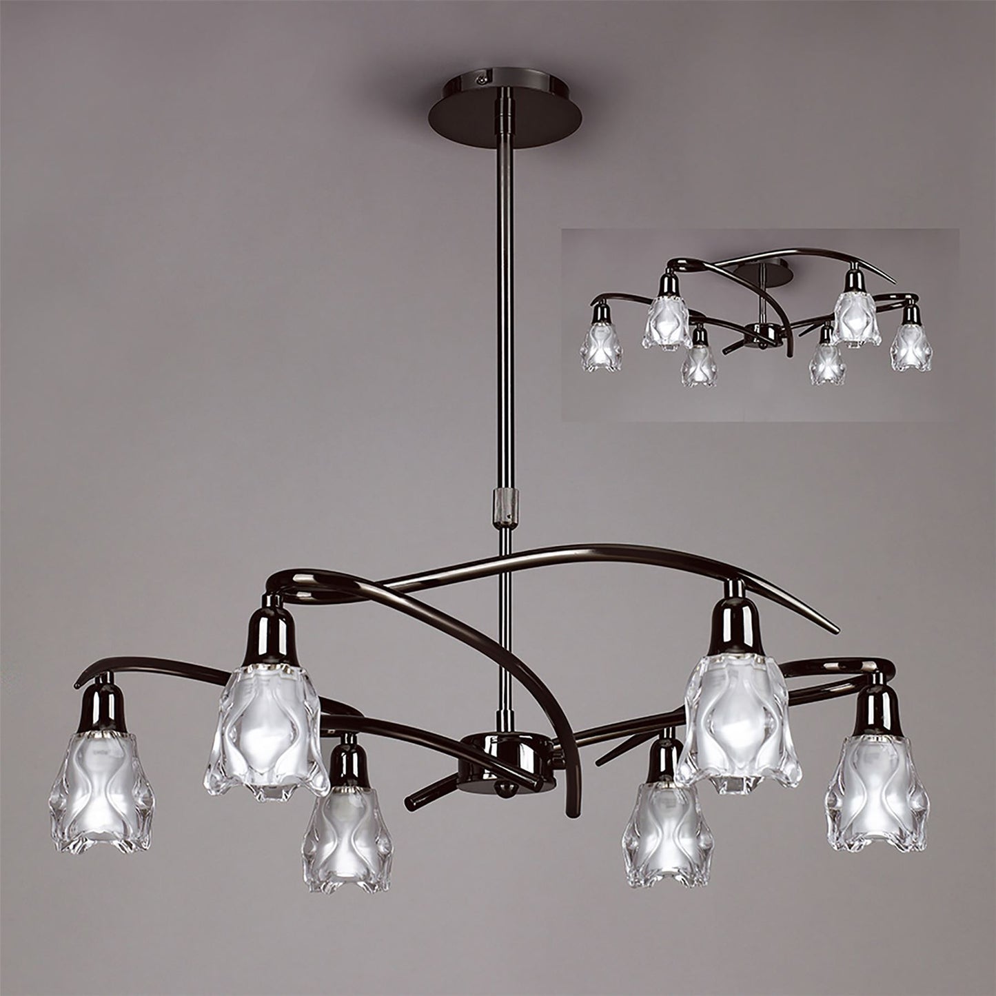 Mantra Amel 61cm Telescopic Convertible To Semi Flush 6 Light L1/SGU10, Black Chrome, CFL Lamps INCLUDED