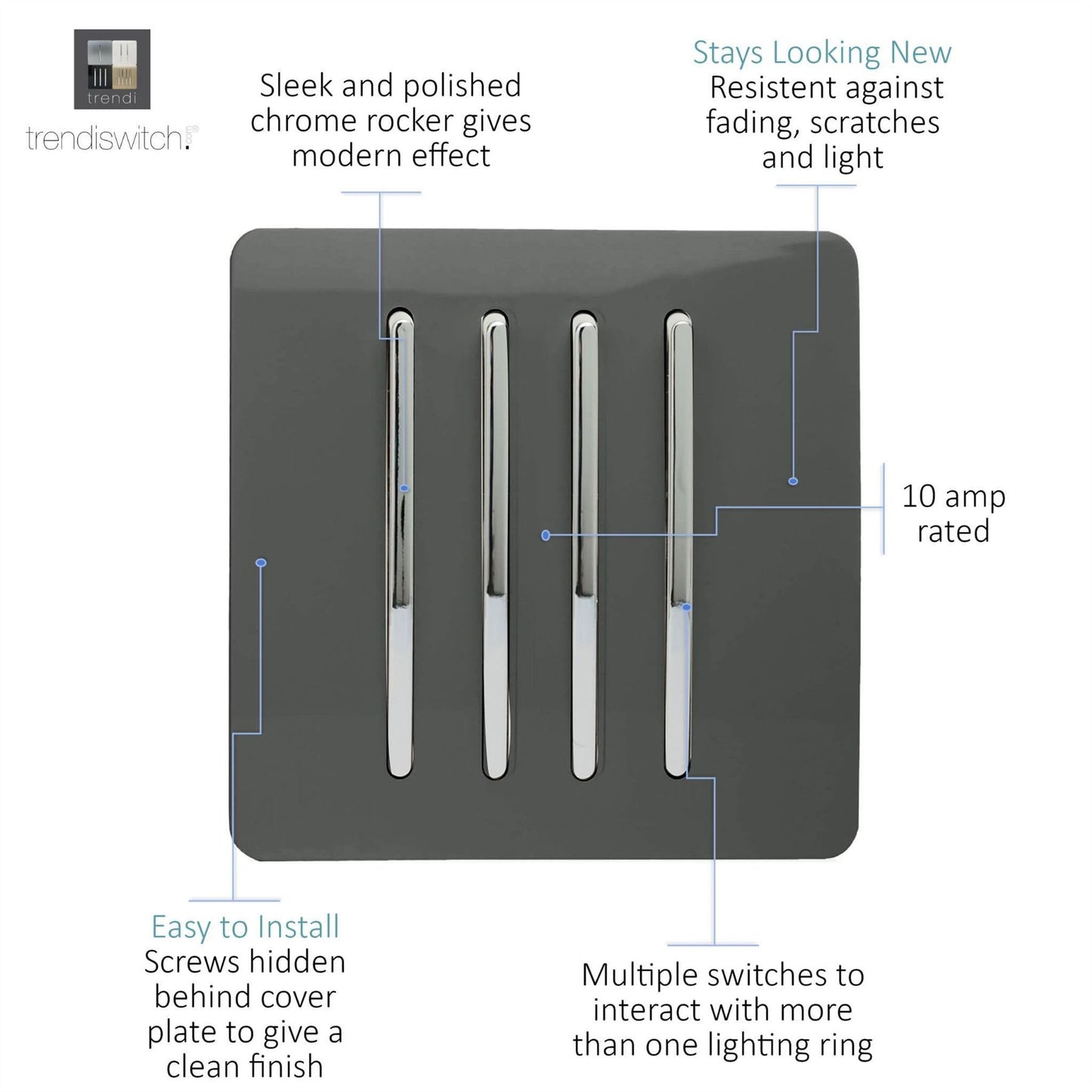 Trendi 4 Gang 2 Way Artistic Modern Glossy 10 Amp Rocker Tactile Light Switch Charcoal
