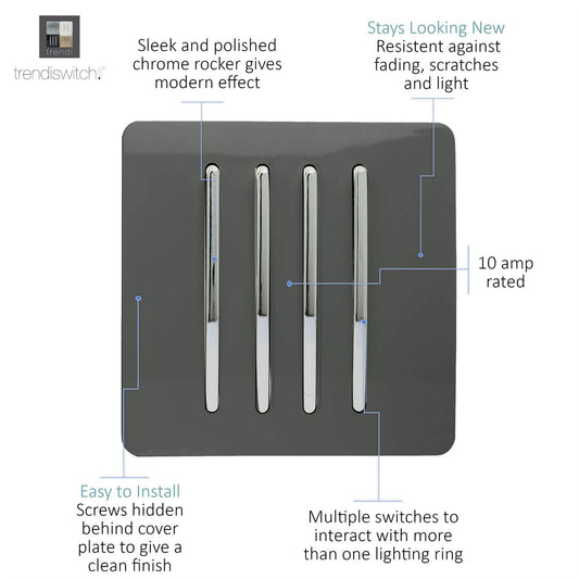 Trendi 4 Gang 2 Way Artistic Modern Glossy 10 Amp Rocker Tactile Light Switch Charcoal