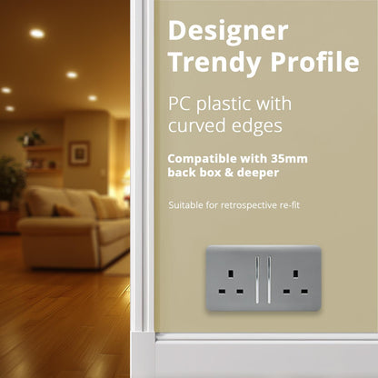 Trendi 2 Gang Artistic Modern Glossy 13 Amp Switched Plug Socket Silver (7 Pack)