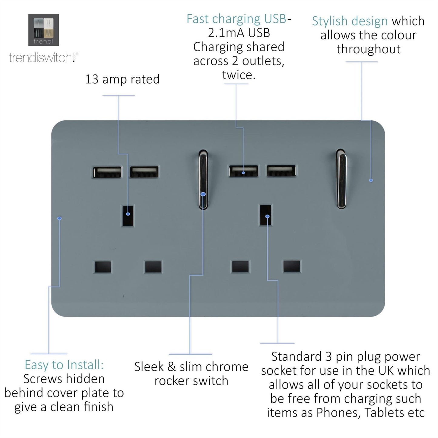 Trendi 2 Gang Artistic Modern Glossy 13 Amp 4x2.1mA USB Switched Tactile Plug Socket Cool Grey