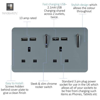 Trendi 2 Gang Artistic Modern Glossy 13 Amp 4x2.1mA USB Switched Tactile Plug Socket Cool Grey
