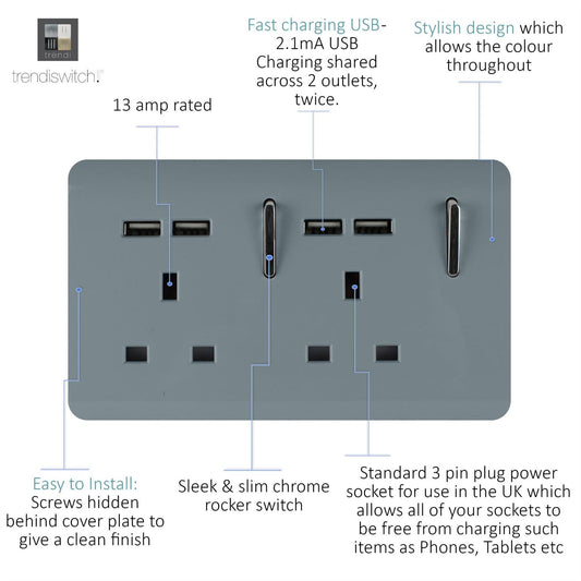 Trendi 2 Gang Artistic Modern Glossy 13 Amp 4x2.1mA USB Switched Tactile Plug Socket Cool Grey