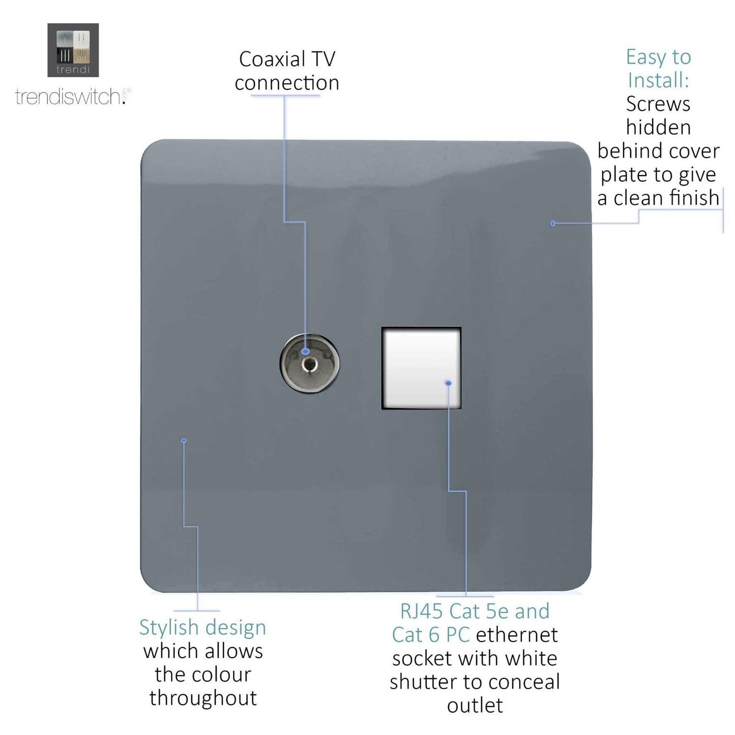 Trendi Modern Glossy Tactile TV Co-axial Socket+RJ45 Cat 5e&Cat 6 PC Ethernet Socket Warm Grey