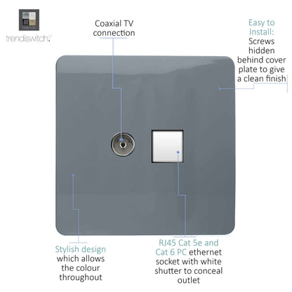Trendi Modern Glossy Tactile TV Co-axial Socket+RJ45 Cat 5e&Cat 6 PC Ethernet Socket Warm Grey