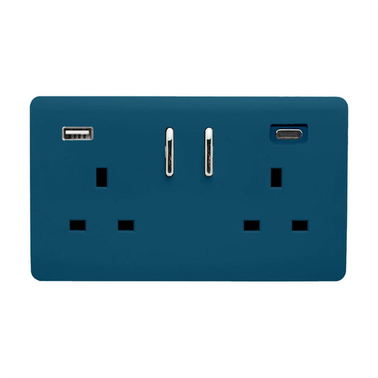 Trendi 2 Gang Artistic Modern Glossy 13 Amp 2 x Type A & C 3100 mA USB Switched Plug Socket Midnight Blue