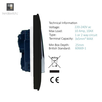 Trendi 2 Gang 2 Way 240V Screwless Artistic Modern Glossy 10 Amp Chrome Rocker Electrical Wall Light Switch in Matt Black (2 pack)
