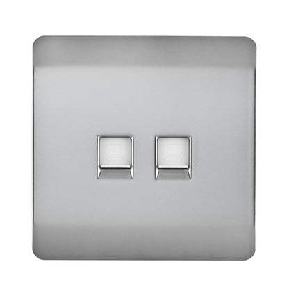 Trendi 2 Gang RJ45 Cat 6 PC Ethernet & Modern Designer Telephone Slave Sockets in Brushed Steel