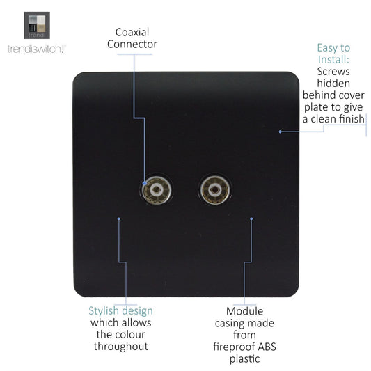 Trendi Artistic Modern 2 Gang TV Socket in Matt Black Soft Touch - ART-2TVSSTB