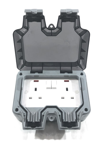 illucio 2 Gang 13 Amp Weatherproof Outdoor Switched Plug Socket