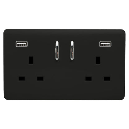 Trendi 2 Gang Artistic Modern Glossy 13 Amp 2 x 3.1mA USB Switched Plug Socket Matt Black