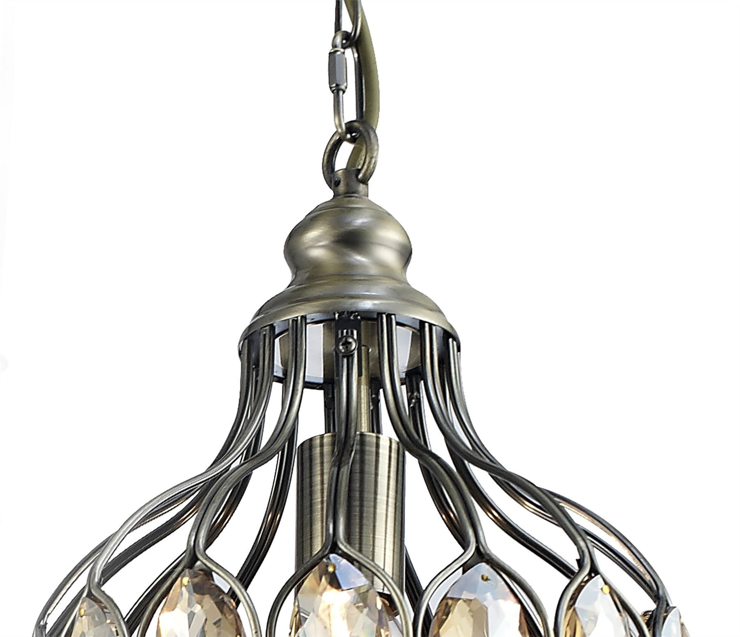 Diyas Marisa Triple  Round 3 Light E27 Antique Brass/Amber Crystal Ceiling Pendant Light Fitting