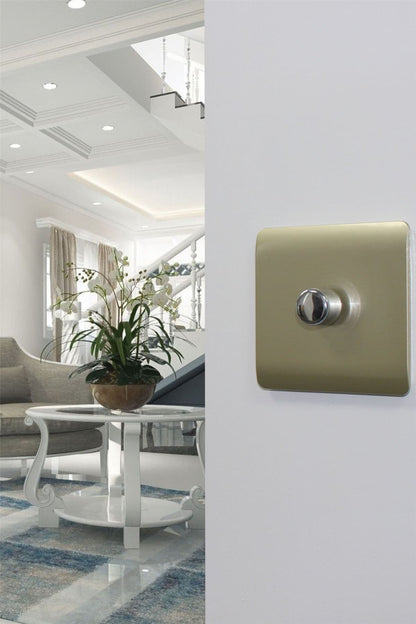 Trendi 1 Gang 2 Way 240V 100w LED Dimmer Screwless Raised Front Plate Plastic Artistic Modern Glossy 10 Amp Chrome Single Electrical Wall Light Switch in Champagne Gold - ART-LDMGO