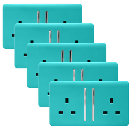 Trendi 2 Gang Artistic Modern Glossy 13 Amp Switched Tactile Plug Socket Bright Teal (5 Pack)
