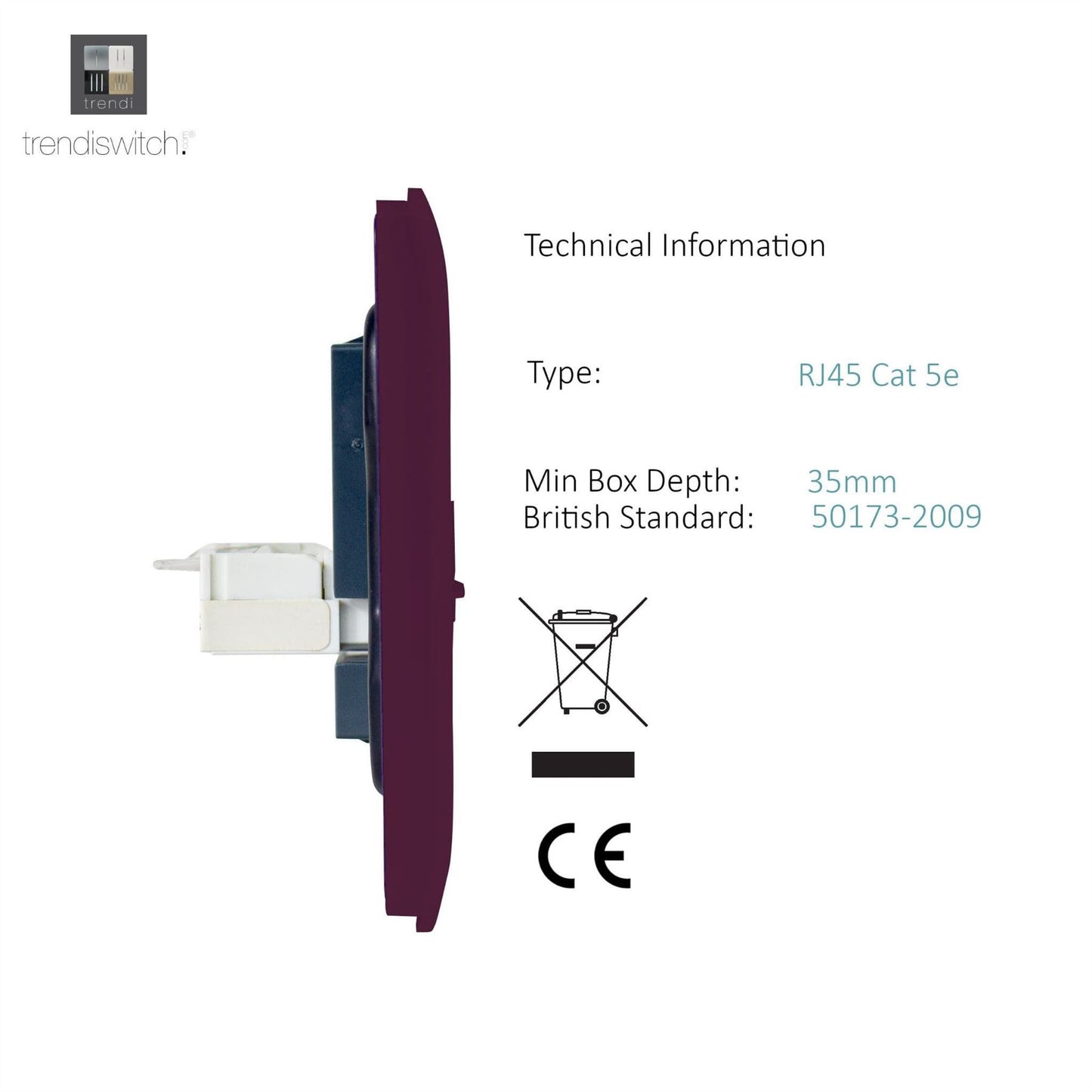 Trendi Modern Glossy Tactile TV Co-axial Socket+RJ45 Cat 5e&Cat 6 PC Ethernet Socket Plum