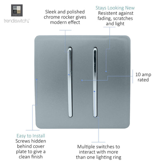 Trendi 2 Gang (2 Way & 3 way Intermediate) 240V Screwless Raised Front Plate Plastic Artistic Modern Glossy 10 Amp Chrome Rocker Double Electrical Wall Light Switch Cool Grey - ART-SS29CG