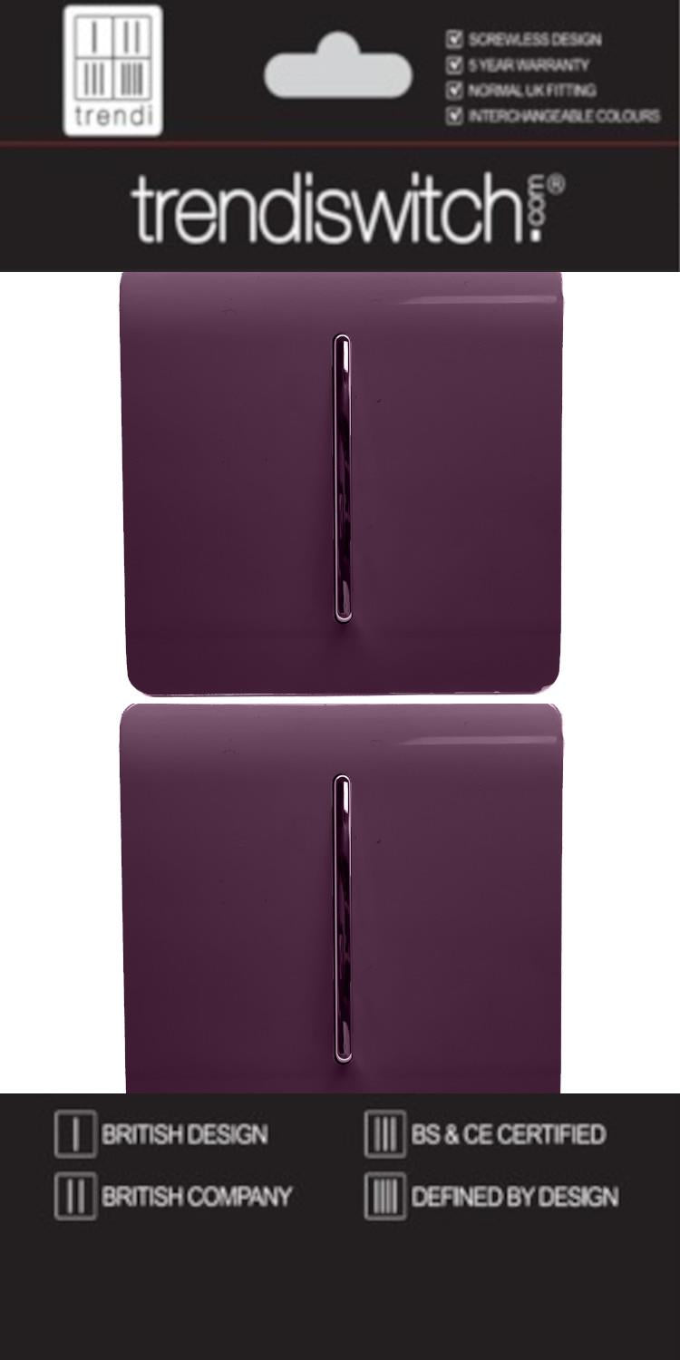 Trendi 1 Gang 2 Way 240V Screwless Artistic Modern Glossy 10 Amp Chrome Rocker Electrical Wall Light Switch in Plum Purple (2 pack)