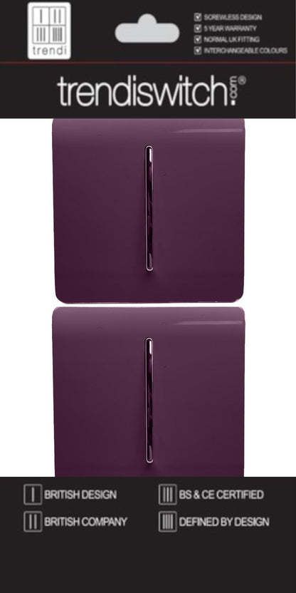 Trendi 1 Gang 2 Way 240V Screwless Artistic Modern Glossy 10 Amp Chrome Rocker Electrical Wall Light Switch in Plum Purple (2 pack)