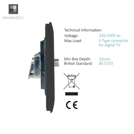 Trendi Switch Charcoal Grey TV Coaxial & F-Type Satellite Socket - Screwless