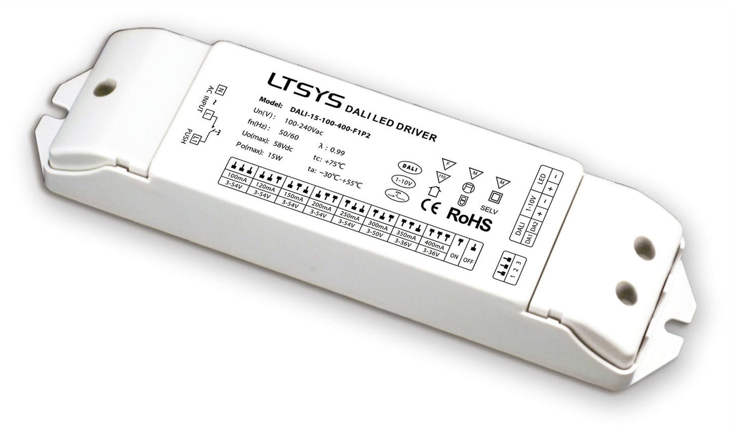 LTECH Constant Current DALI, 0/1-10V, PWM, Push Dim, 0.3-15W, C. Current Dimmable Driver, 100/120/150/200/250/300/350/400mA, DC:3-54V, EFF>85%, IP20, 5yrs Warranty