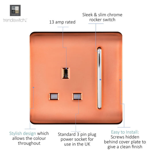 Trendi 1 Gang Artistic Modern Glossy 13 Amp Switched Tactile Plug Socket Copper