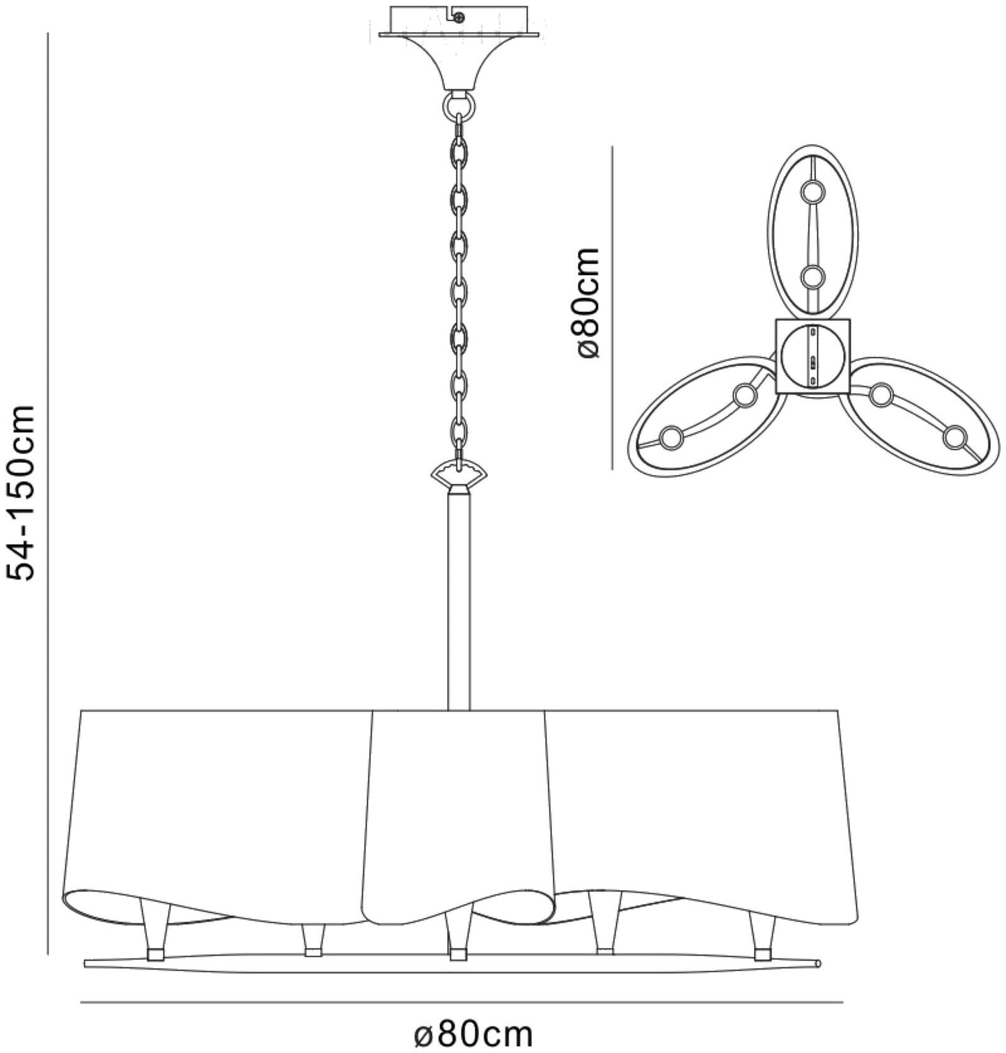 Mantra Ninette 80cm Pendant 3 Arm 6 Light E14, Antique Brass with Ivory White Shades