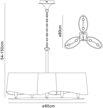 Mantra Ninette 80cm Pendant 3 Arm 6 Light E14, Antique Brass with Ivory White Shades