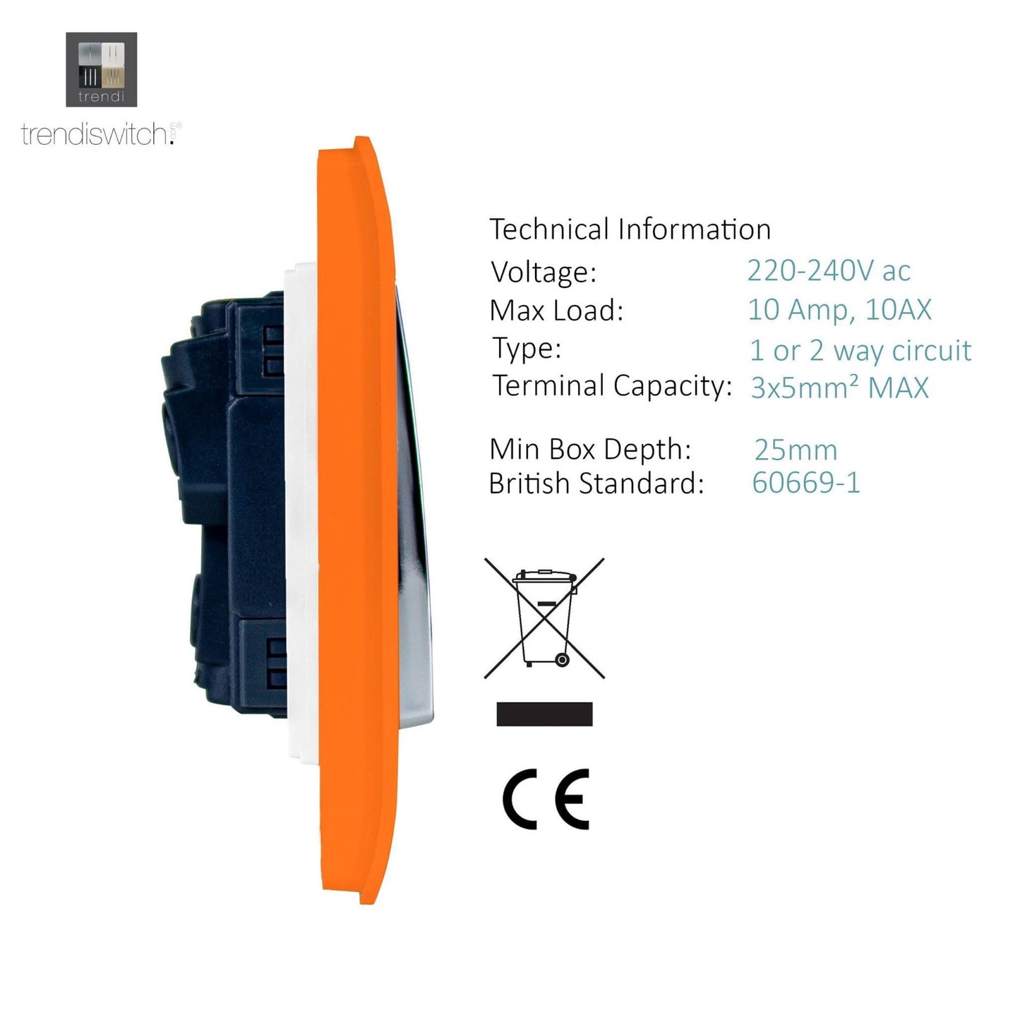 Trendi 4 Gang (2 Way & 1x Intermediate) Glossy 10 Amp Rocker Light Switch Orange