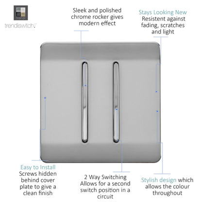 Trendi 2 Gang 3 Way Intermediate Artistic Modern Glossy 10 Amp Rocker Light Switch  Stainless Steel