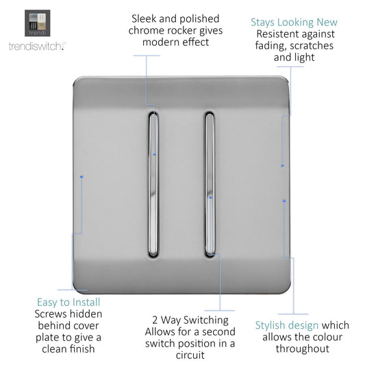 Trendi 2 Gang 3 Way Intermediate Artistic Modern Glossy 10 Amp Rocker Light Switch  Stainless Steel