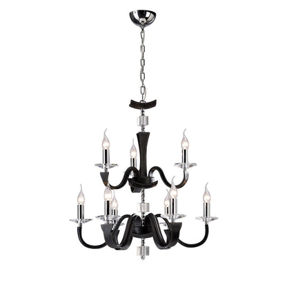 Diyas Nardini 65cm  2 Tier 9 Light E14 Polished Chrome/Black Faux Leather/Crystal Ceiling Pendant Light Fitting