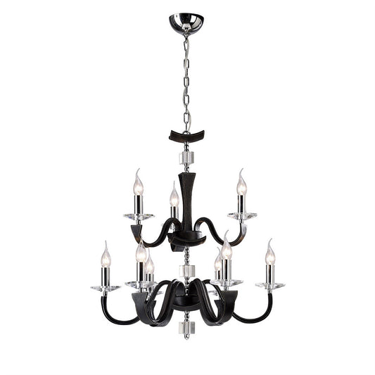 Diyas Nardini 65cm  2 Tier 9 Light E14 Polished Chrome/Black Faux Leather/Crystal Ceiling Pendant Light Fitting