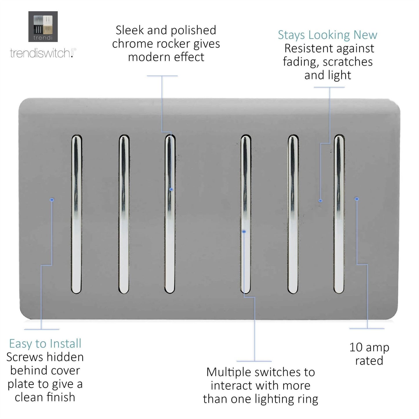 Trendi Artistic Modern Glossy 6 Gang 2 Way Rocker Double Plate Tactile Light Switch Light Grey
