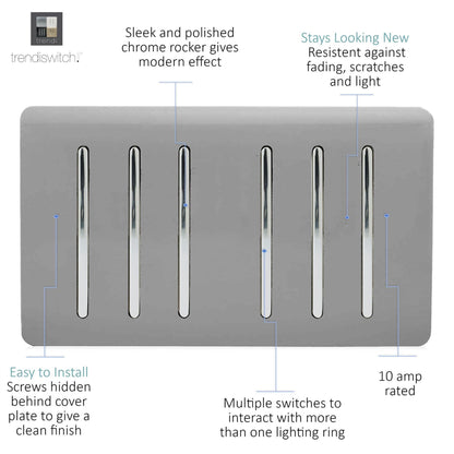 Trendi Artistic Modern Glossy 6 Gang 2 Way Rocker Double Plate Tactile Light Switch Light Grey