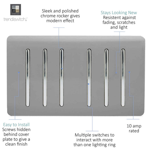 Trendi Artistic Modern Glossy 6 Gang 2 Way Rocker Double Plate Tactile Light Switch Light Grey