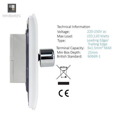 Trendi 4 Gang 2 Way 100w LED Dimmer Screwless 10 Amp Wall Light Switch in Matt White - ART-4LDMMWH