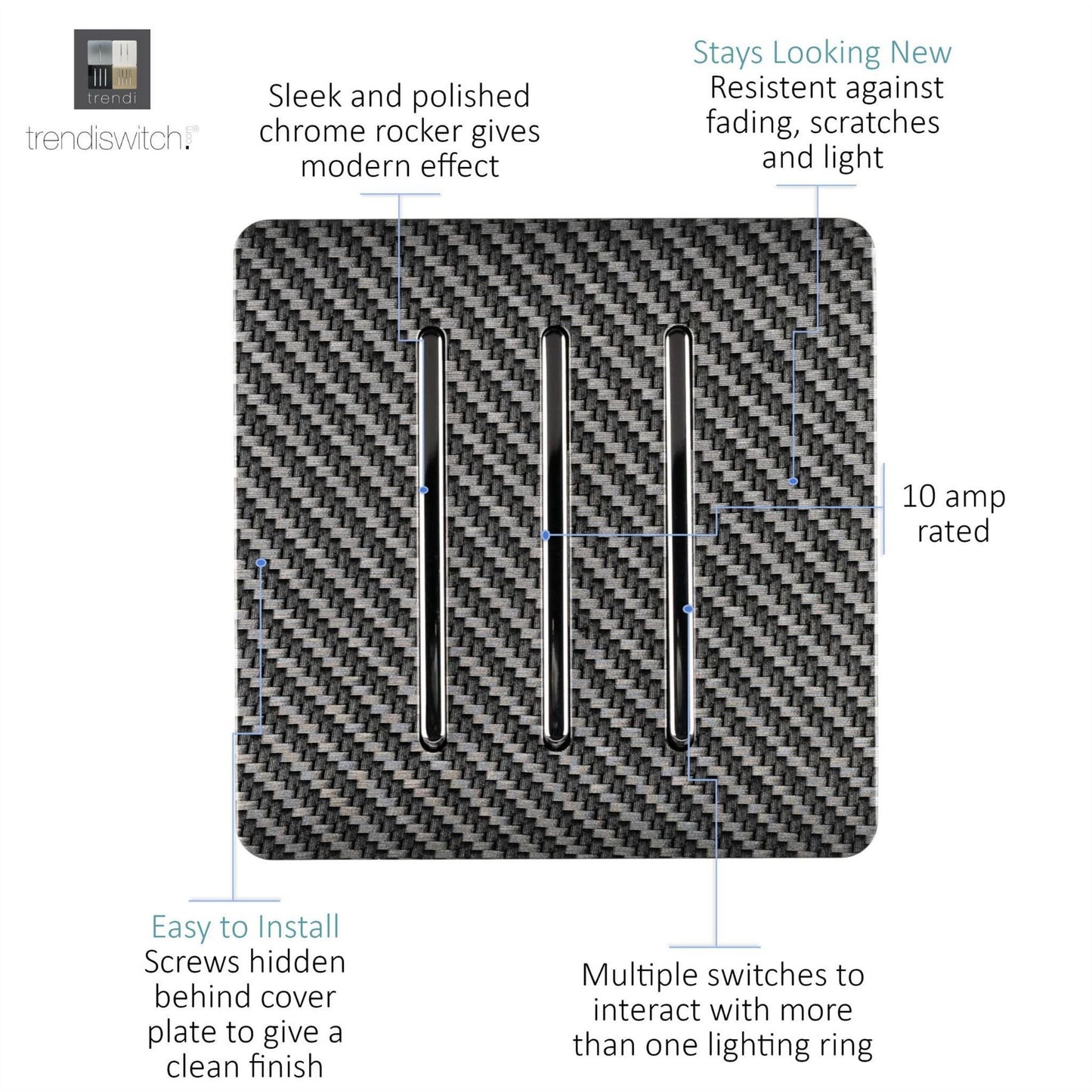 Trendi Switch 3 Gang 1 or 2 way Rocker Modern Designer Light Switch in Carbon Fibre