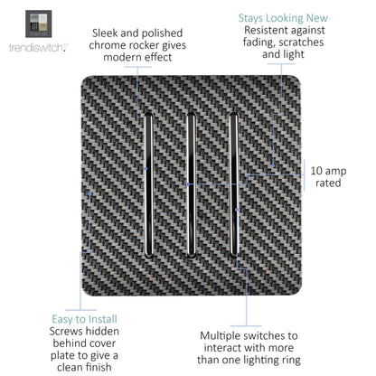 Trendi Switch 3 Gang 1 or 2 way Rocker Modern Designer Light Switch in Carbon Fibre