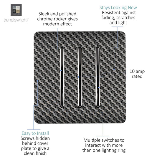 Trendi Switch 3 Gang 1 or 2 way Rocker Modern Designer Light Switch in Carbon Fibre