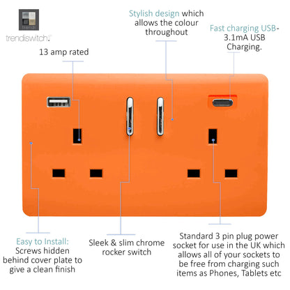 Trendi 2 Gang Artistic Modern Glossy 13 Amp 2 x Type A & C 3100mA USB Switched Plug Socket Sunset Orange