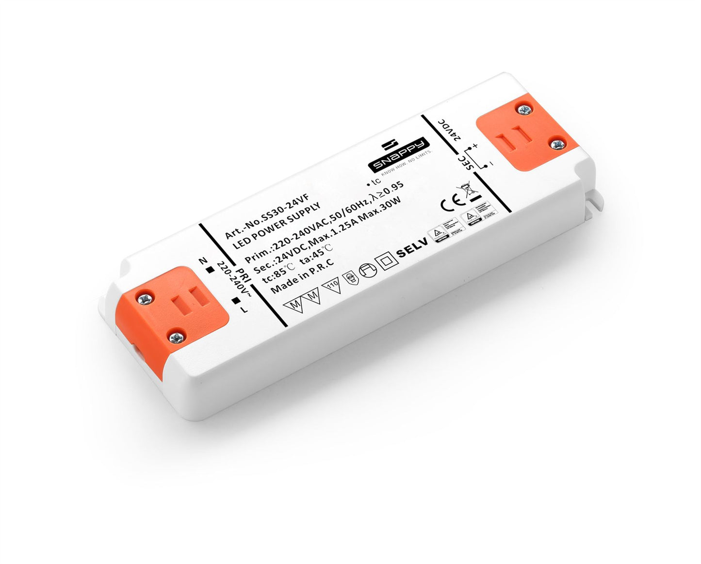 Snappy SS, 30W, Constant Voltage Non Dimmable PC LED Driver, 24VDC, IP20, Screw Connection, 3 yrs Warranty.
