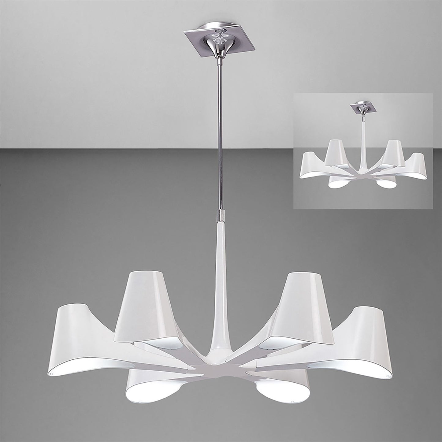 Mantra Ora 77cm Telescopic Convertible To Semi Flush 6 Light E27, Gloss White/White Acrylic/Polished Chrome, CFL Lamps INCLUDED