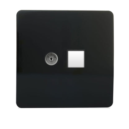 Trendi Switch 2 Gang TV Co-Axial & RJ45 Cat 6 Modern Designer PC Ethernet Sockets in Piano Black