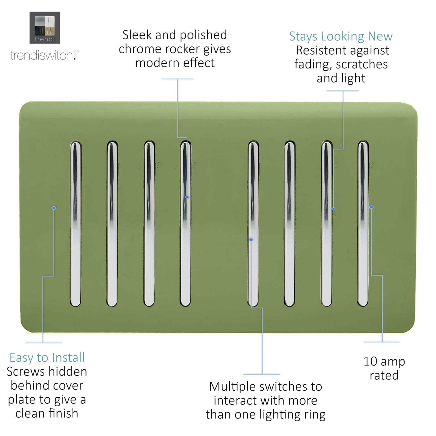 Trendi Artistic Modern Glossy 8 Gang 2 Way Rocker  Double Plate Tactile Light Switch Moss Green