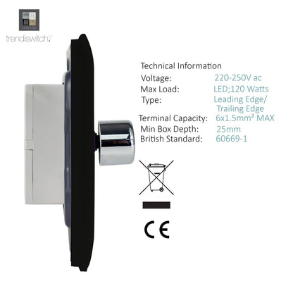 Trendi 1 Gang 2 Way 240V 100w LED Dimmer Screwless Raised Front Plate Plastic Artistic Modern Glossy 10 Amp Chrome Single Electrical Wall Light Switch in Piano Black - ART-LDMBK