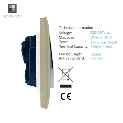 Trendi 1 Gang 2 Way 240V Screwless Artistic Modern Glossy 10 Amp Chrome Rocker Electrical Wall Light Switch in Champagne Gold (3 pack)