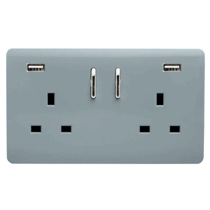 Trendi 2 Gang Artistic Modern Glossy 13 Amp 2 x 3.1mA USB Switched Plug Socket Cool Grey