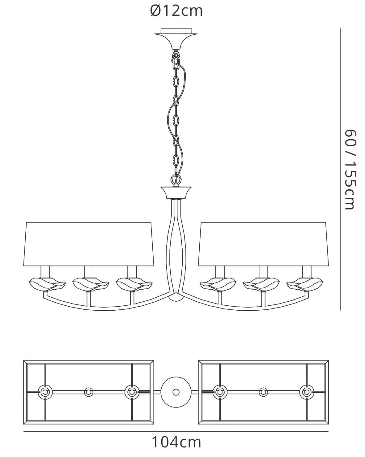 Mantra Akira Linear Pendant 2 Arm 6 Light E14, Antique Brass with Cream Shades