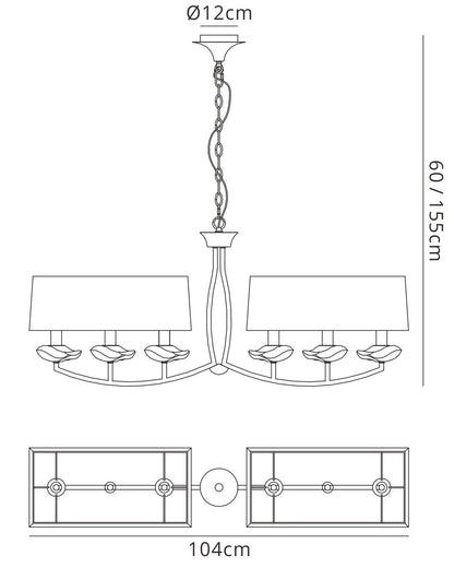 Mantra Akira Linear Pendant 2 Arm 6 Light E14, Antique Brass with Cream Shades