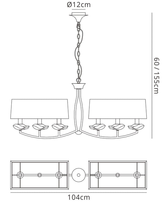Mantra Akira Linear Pendant 2 Arm 6 Light E14, Antique Brass with Cream Shades